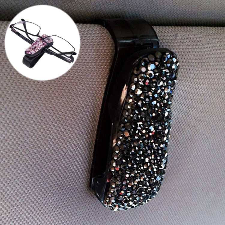 Black car glasses bill clip holder with dark multicolor rhinestone diamond strap