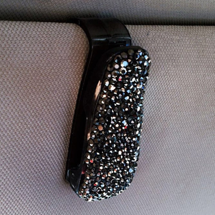 Black car glasses bill clip holder with dark multicolor rhinestone diamond strap