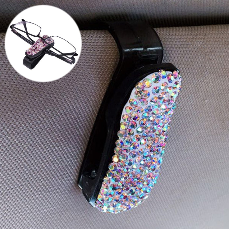 Black car glasses bill clip holder with iridescent multicolor rhinestone diamond strap