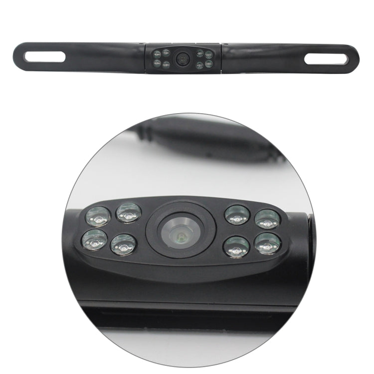 Close-up of black rear view license plate camera lens with multi-LED array