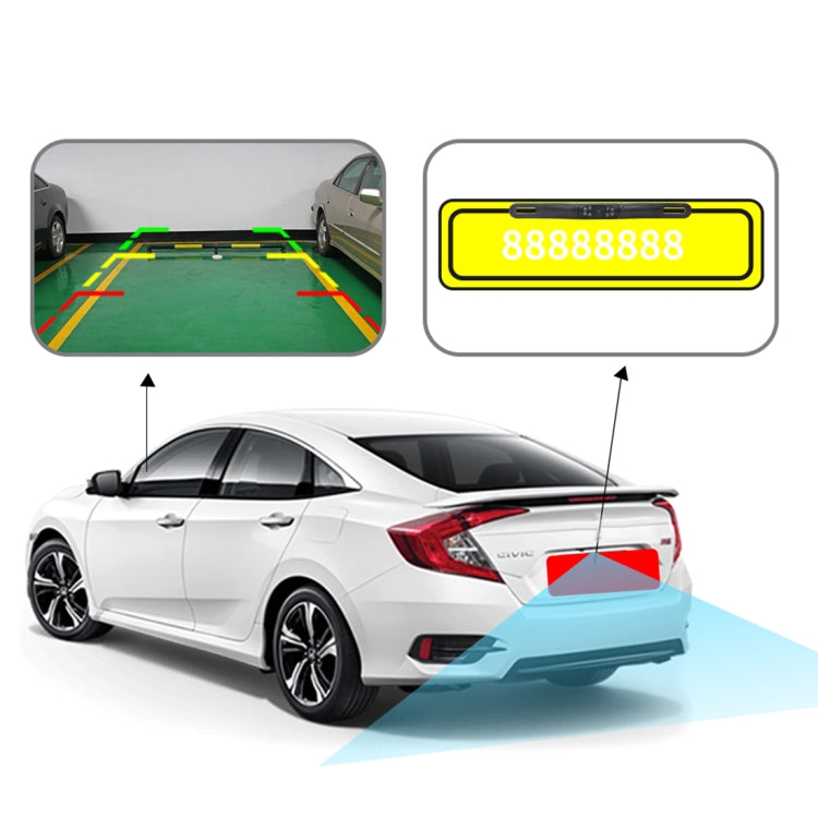 Rear view license plate camera mounted on car trunk with parking guide overlay