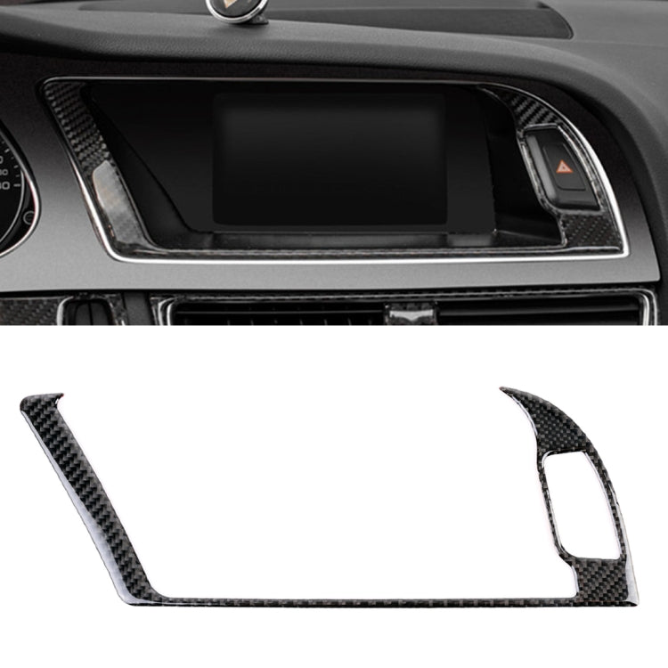 Black carbon fiber navigation outer frame trim sticker with silver border, dashboard cutout