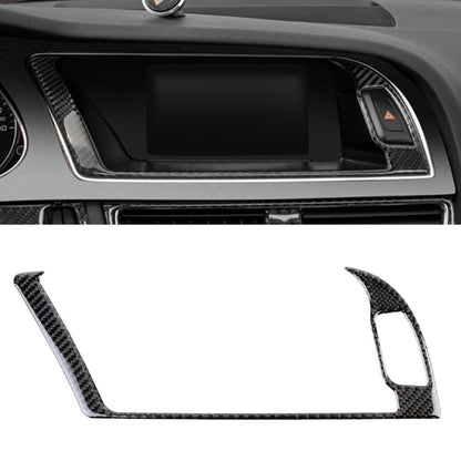 Black carbon fiber navigation outer frame trim sticker with silver border, dashboard cutout
