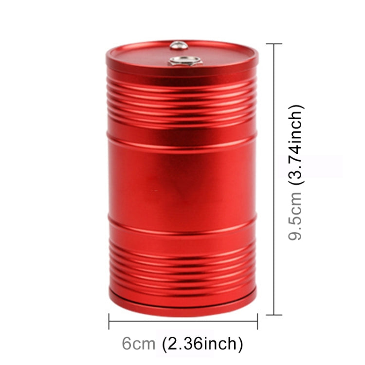 Red metal portable car trash bin with rotating top and wide circular opening