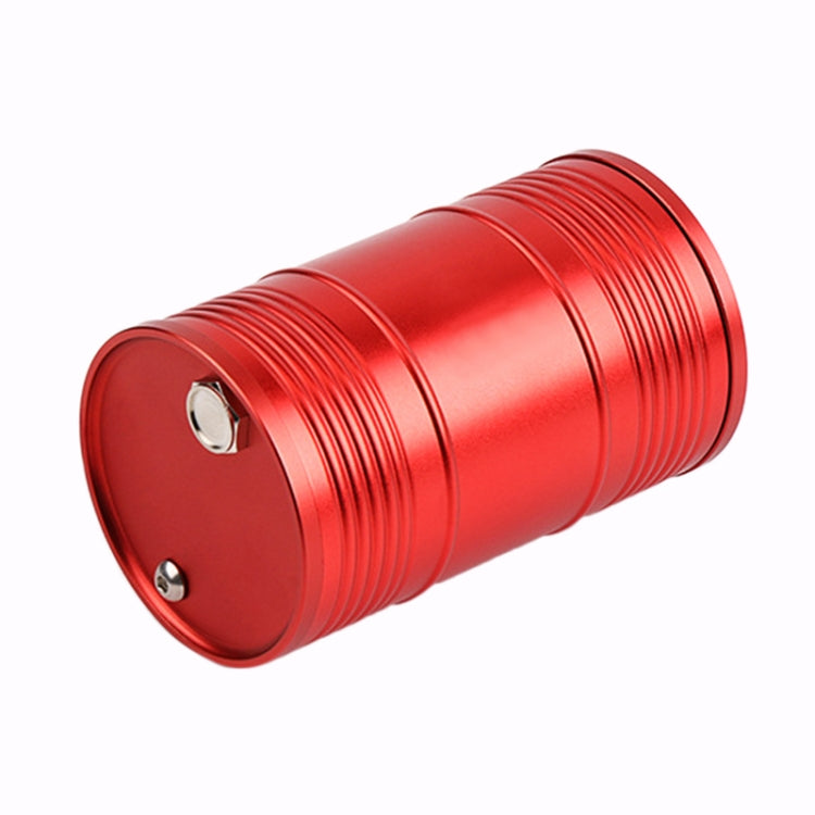 Red metal portable car ashtray trash bin with rotating lid and side screw details
