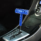 Blue T-shaped car gear shift knob with threaded metal head and mounting stem