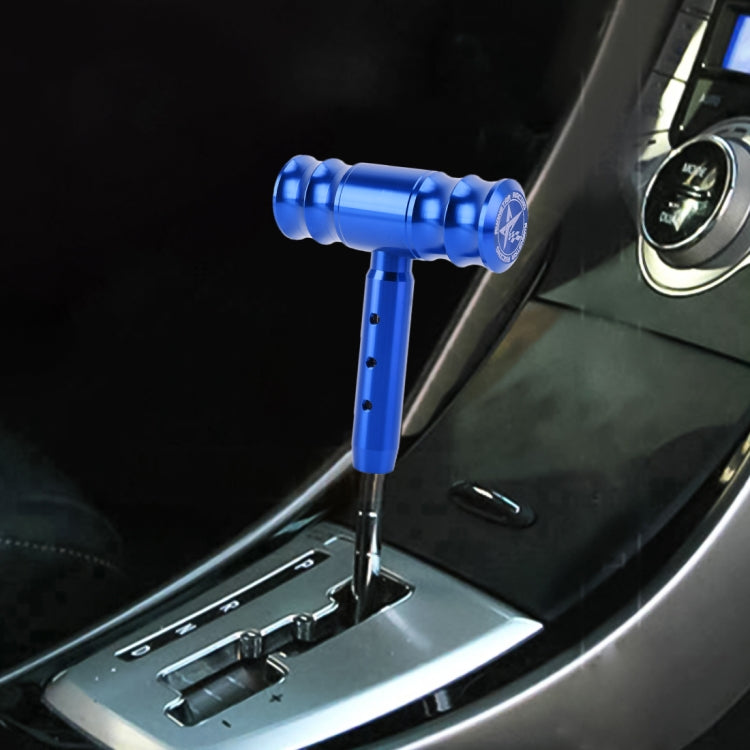 Blue T-shaped car gear shift knob with threaded metal head and mounting stem
