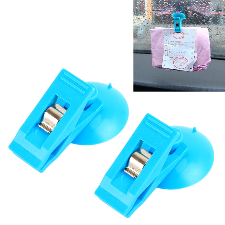 Blue suction cup clip pair with metal spring grippers, car windshield accessory