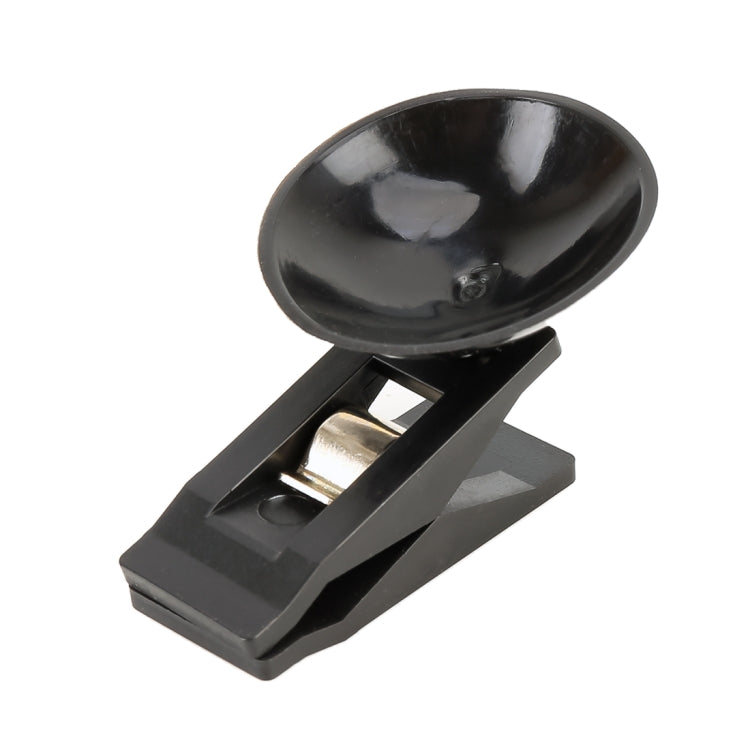 Black suction cup clip with metal gripper, car windshield mounting