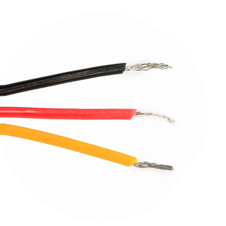 Slim LED light strip wiring leads: black, red, and yellow cables with bare ends
