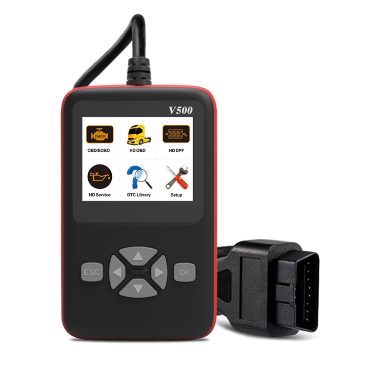 Handheld OBDII diagnostic code scanner with red trim and color menu screen