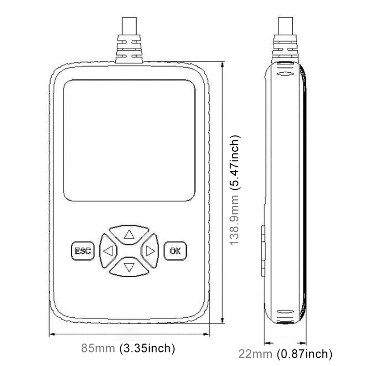 Outline size diagram of a handheld diagnostic scanner with screen and control buttons