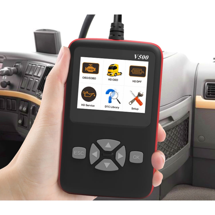 Hand holding an OBDII diagnostic scanner with screen icons and navigation buttons
