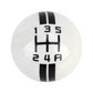 White resin gear shift knob with 1–5 and R gear markings on black stripe bars