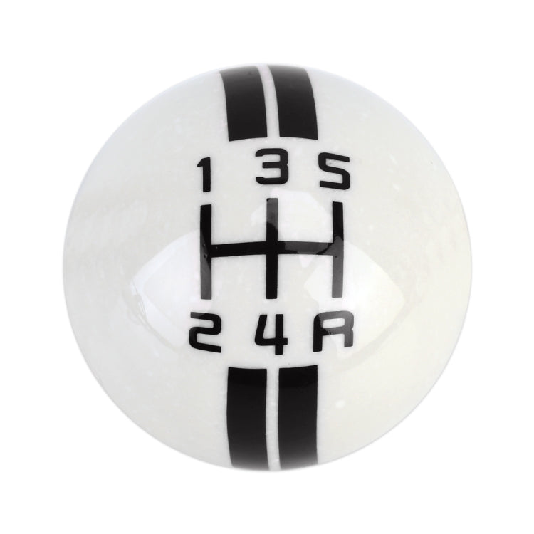 White resin gear shift knob with 1–5 and R gear markings on black stripe bars