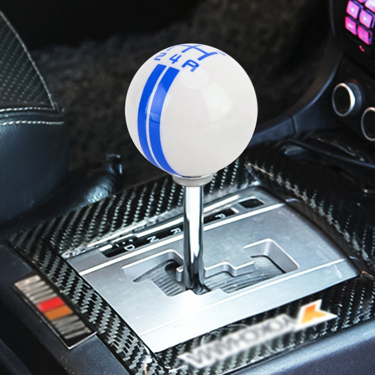 White resin gear shift knob with blue stripe bands and 5-speed number markings