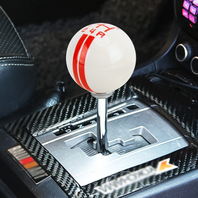 White resin gear shift knob with red stripe bands and 5-speed number markings