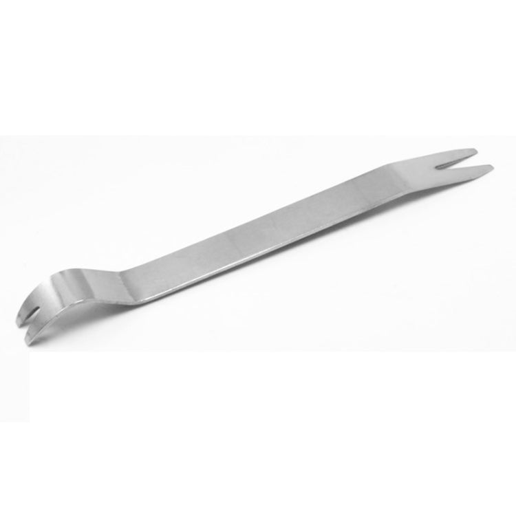 Metal wrecking bar with two forked ends and long flat pry shaft