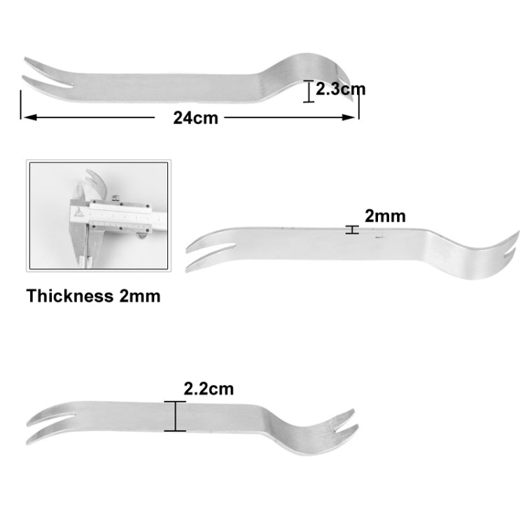 Metal wrecking bar profile with split fork claws and tapered pry ends