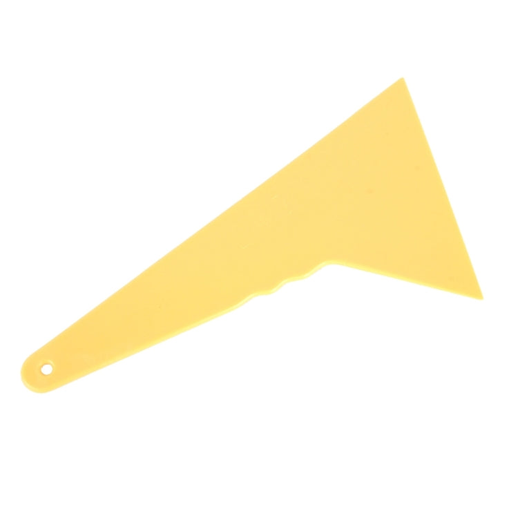 Yellow triangular squeegee scraper with long handle and round hanging hole