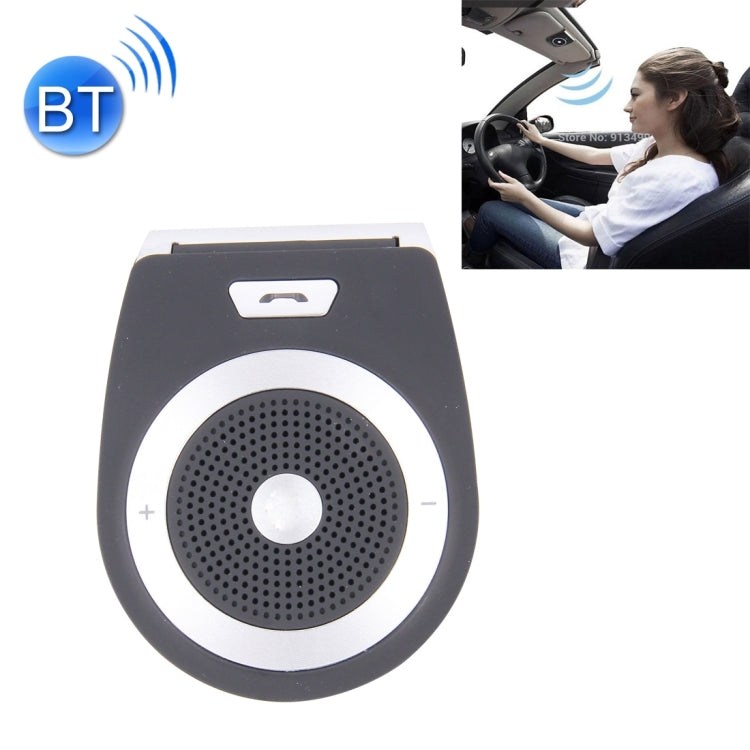 Black Bluetooth in-car speakerphone with circular speaker grille and call button.