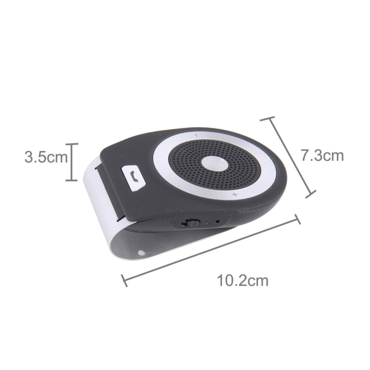 Compact black Bluetooth in-car speakerphone with circular mic speaker and control buttons.