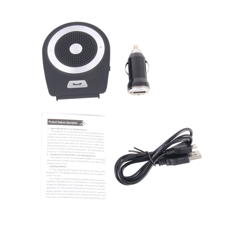 Bluetooth in-car speakerphone with mounting clip, car charger cable, and paper guide.