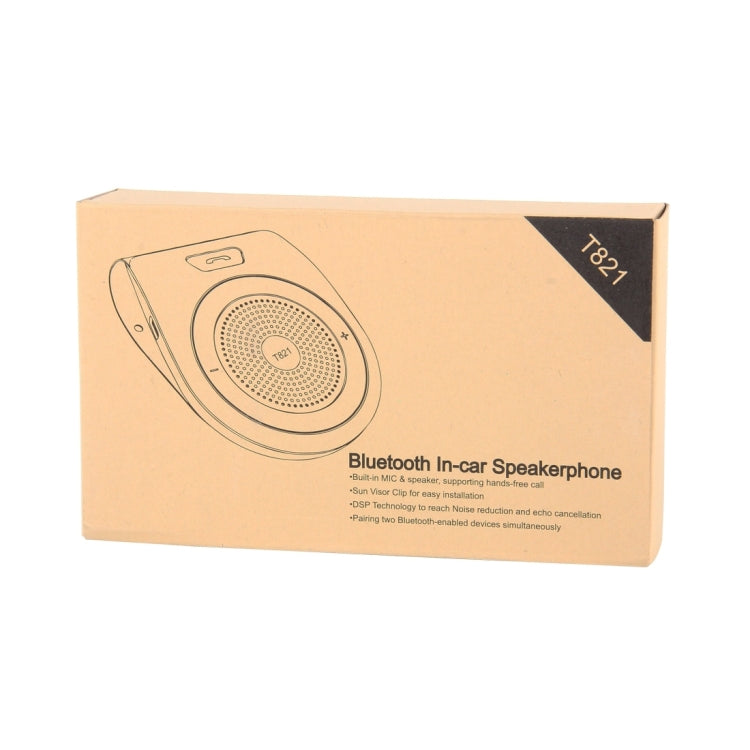 Bluetooth in-car speakerphone product box with T821 printed on label.