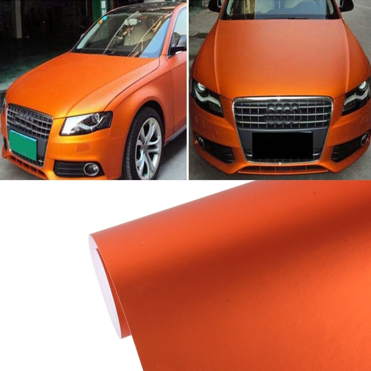 Metallic matte car decal wrap sheet in orange, featuring rolled corner and backing