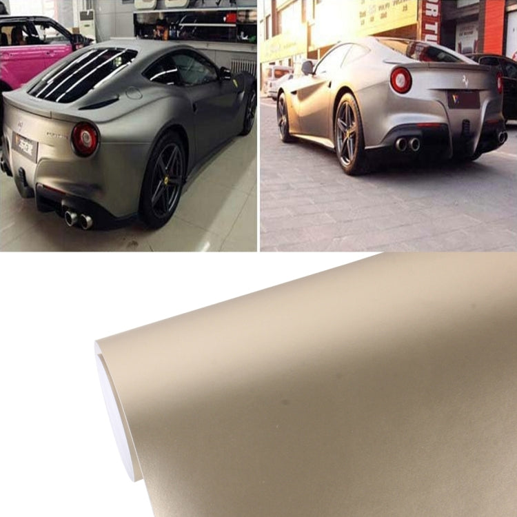 Tan metallic matte car wrap vinyl sheet, rolled edge on white background.