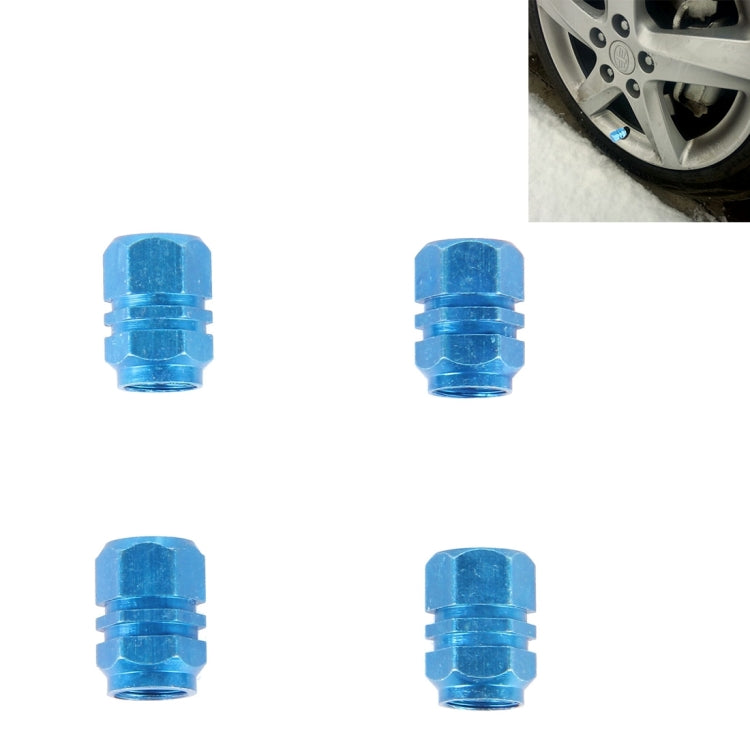 Blue metal plated hexagon tire valve stem caps, 4-pack, ridged knurled grip
