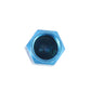 Blue metal plated hexagon tire valve stem cap, open end with inner threads