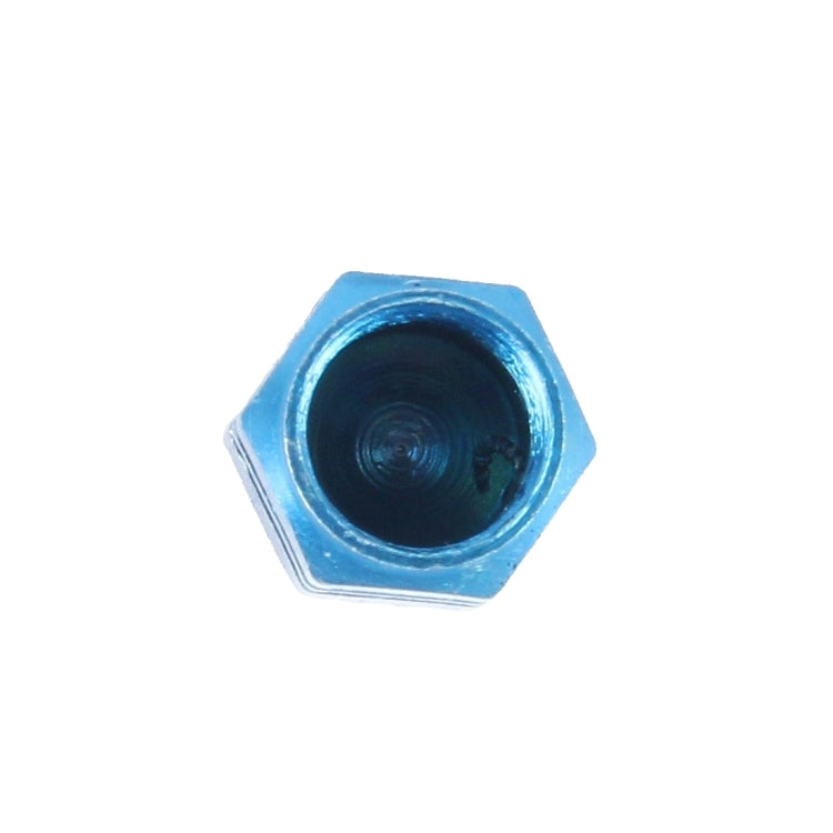 Blue metal plated hexagon tire valve stem cap, open end with inner threads