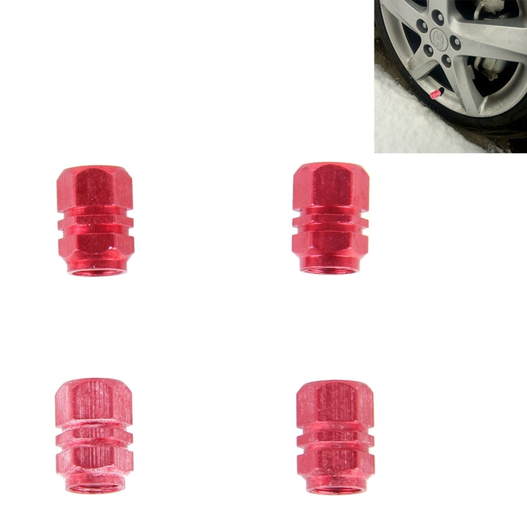 Red metal plated hexagon tire valve stem caps, 4-pack, ridged knurled grip