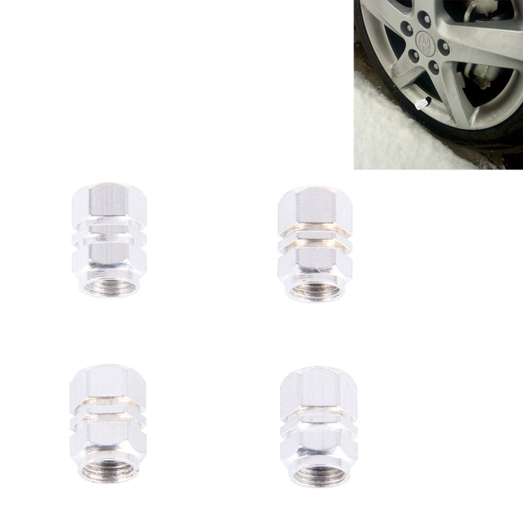 Silver metal plated hexagon tire valve stem caps, 4-pack, ridged knurled grip