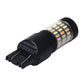 Black 7443 LED light bulb side view, white LED strip and plastic base pins