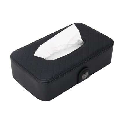 Black car tissue box holder case with tissue opening and side button detail