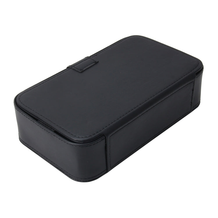 Black car tissue box holder case with top cover flap and stitched edges