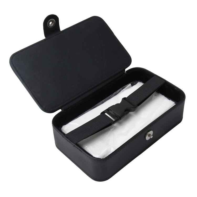 Black car tissue box holder case with open lid and included napkin strap