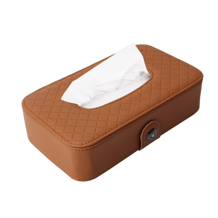 Brown car tissue box holder case with tissue opening and side button