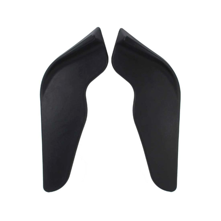 Pair of black front bumper spoiler lip splitters, curved ABS pieces on white background