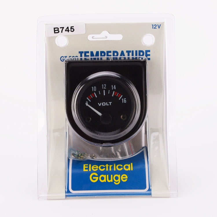 Packaged 12V electrical gauge voltmeter with black dial, VOLT markings, B745 label
