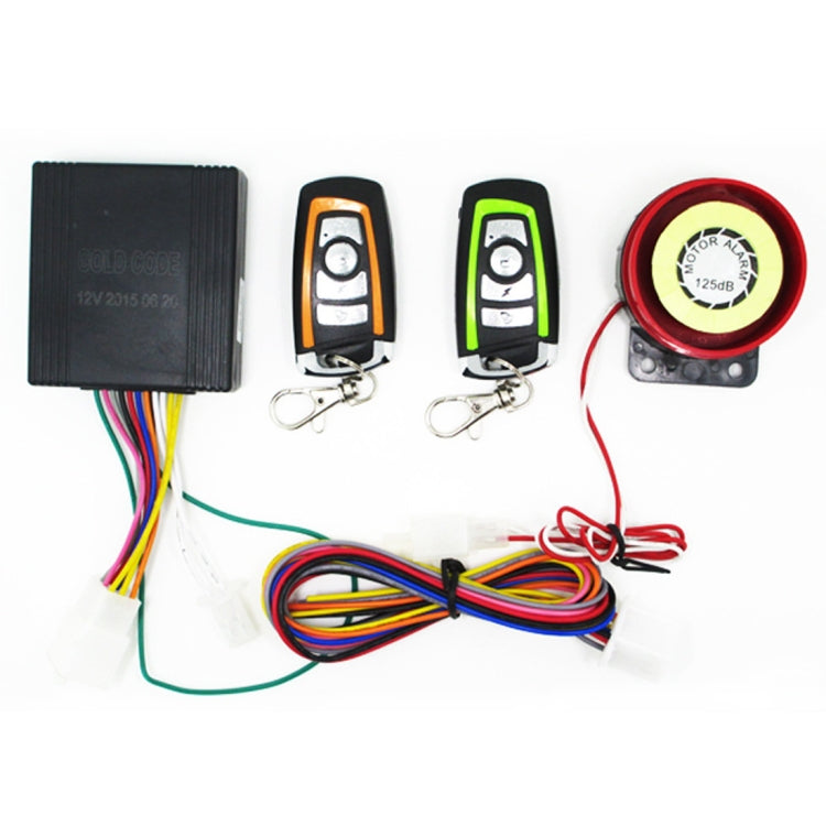 Motorcycle alarm control box, two key fobs, red siren, and multi-colored wiring