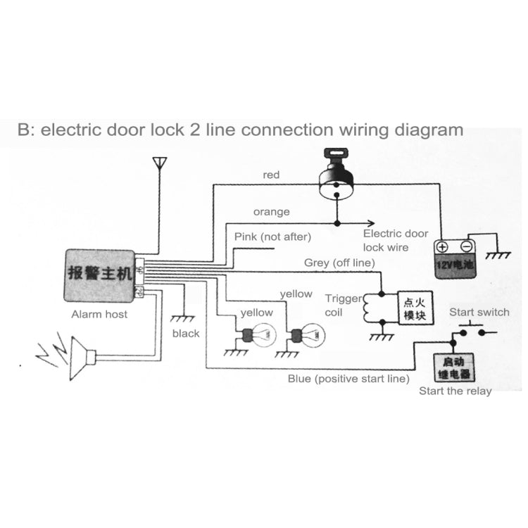 Electric door lock 2-line wiring diagram with labeled connections and start relay