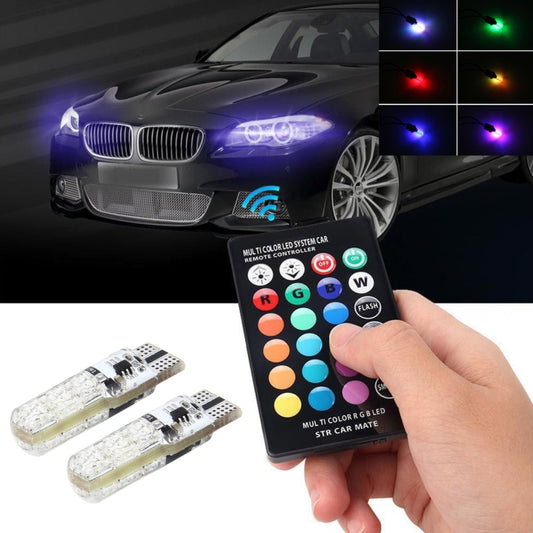RGB LED car strobe kit with remote controller showing multi-color light glow