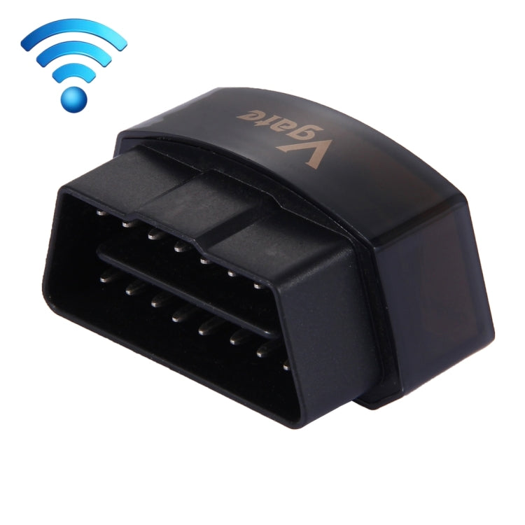 Black OBDII WiFi car scanner with 16-pin connector and blue wireless icon