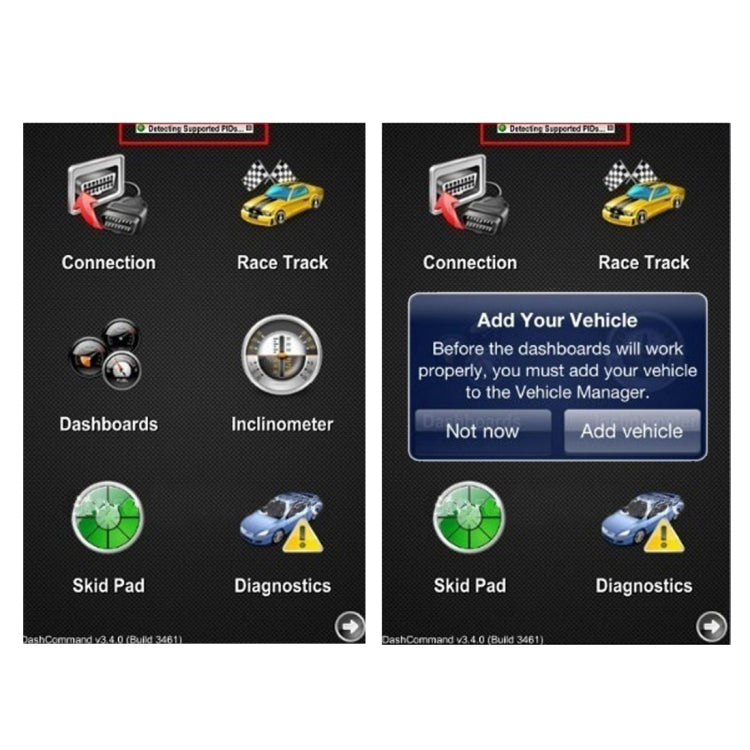 Mobile app screenshots showing Connection, Diagnostics, and Add Vehicle prompts