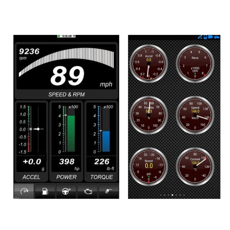 On-screen car dashboard gauges for Speed, RPM, and other sensor readings