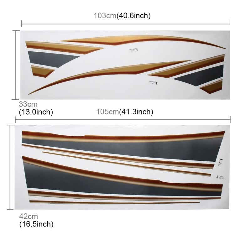 Set of 5 gold-and-black body strip sticker decals with angular shapes on display sheet