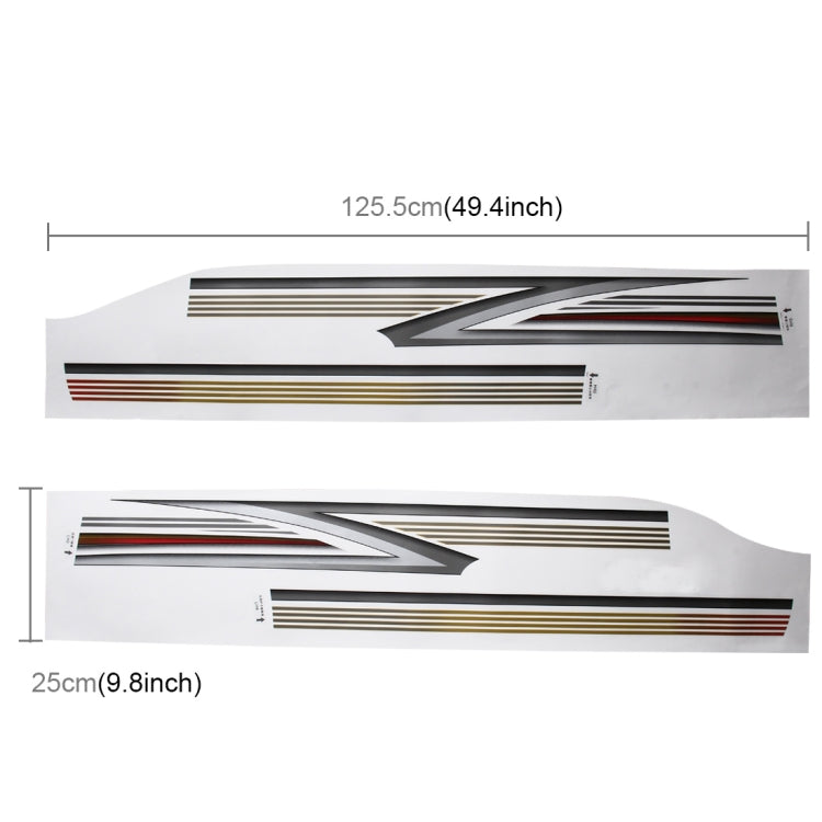 Four SUV body decorative strip stickers, gold/red/black graphics with size guide layout